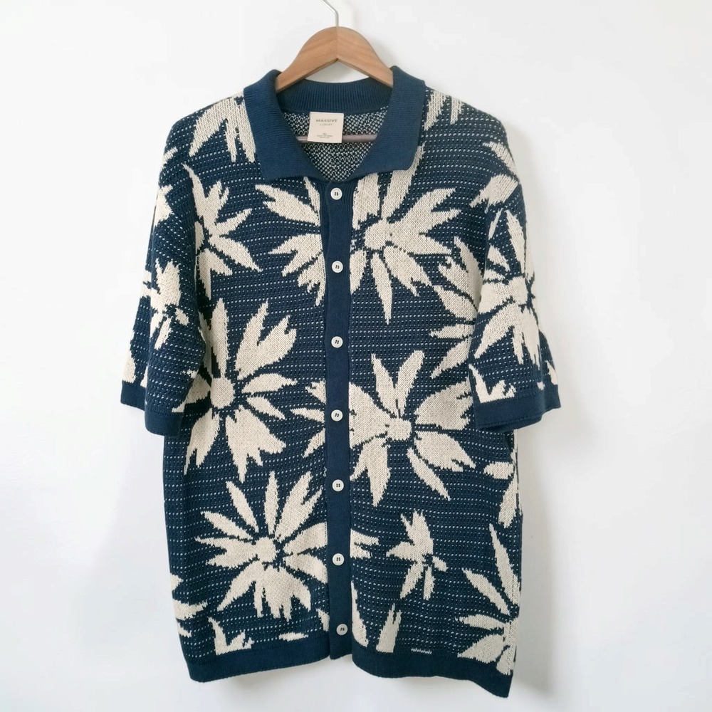 Massive Luxury Mens XL Crochet Knit Polo Shirt Navy Cream Palm Tropical Cotton
